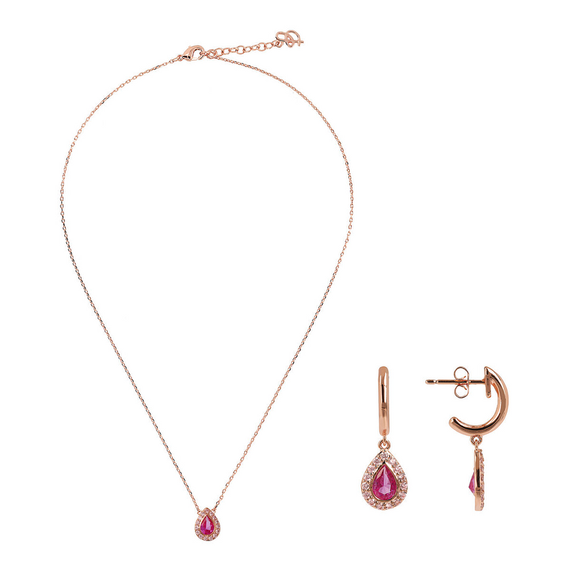 Ensemble collier et boucles d'oreilles pendantes en zircone cubique fuchsia