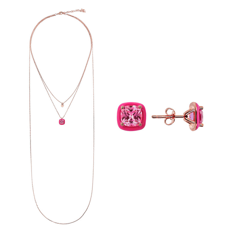 Ensemble collier et boucles d'oreilles émaillés fuchsia et zircons cubiques roses