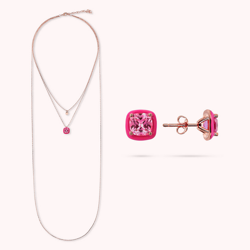 Ensemble collier et boucles d'oreilles émaillés fuchsia et zircons cubiques roses