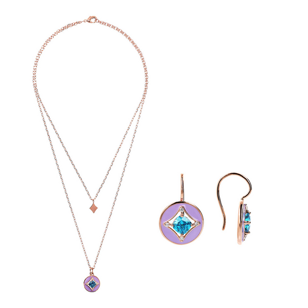 Lilac Enamelled Étoile Pendant Necklace and Earrings Set with Blue Cubic Zirconia