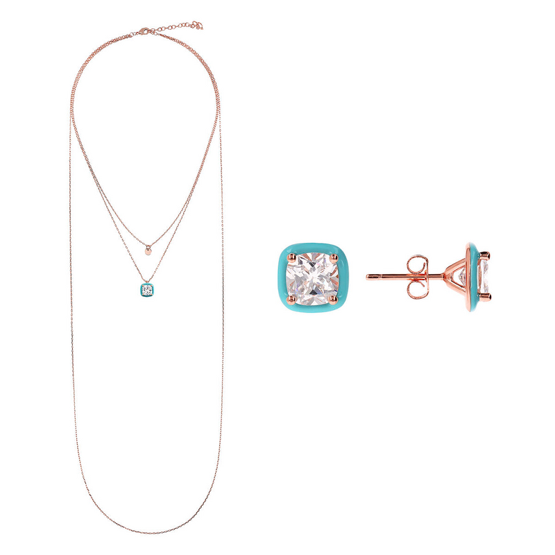 Turquoise Enamelled Necklace and Earrings Set with White Cubic Zirconia