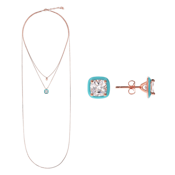 Set Collana e Orecchini Smaltati Turchesi con Cubic Zirconia Bianche