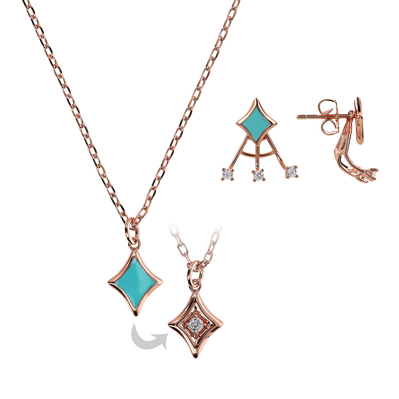 Collier et Boucles d'Oreilles Étoile Émaillés Turquoise Sertis de Zircons Cubiques