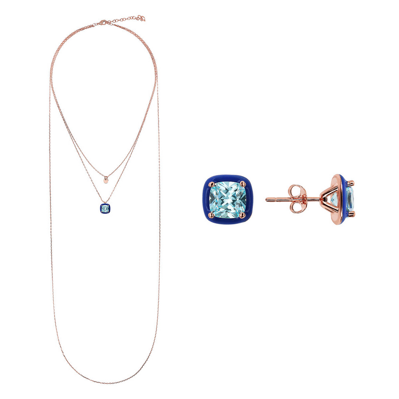 Set Collana e Orecchini Smaltati Blu con Cubic Zirconia Azzurre