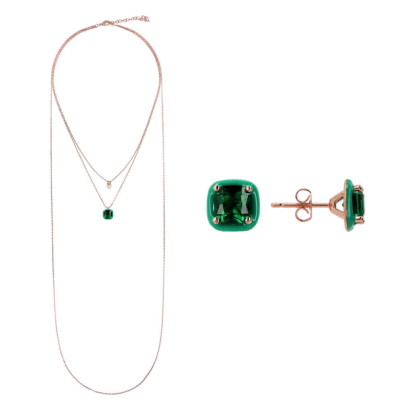 Set Collana e Orecchini Smaltati con Cubic Zirconia Verdi