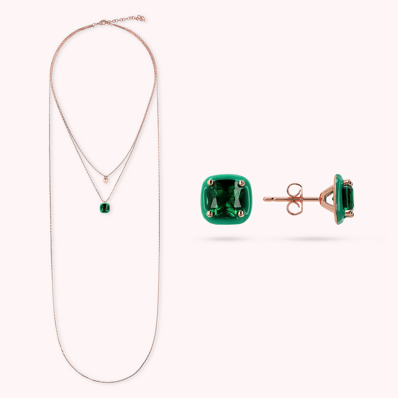 Set Collana e Orecchini Smaltati con Cubic Zirconia Verdi