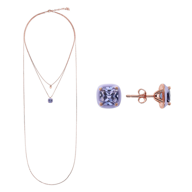 Enamelled Necklace and Earrings Set with Purple Cubic Zirconia