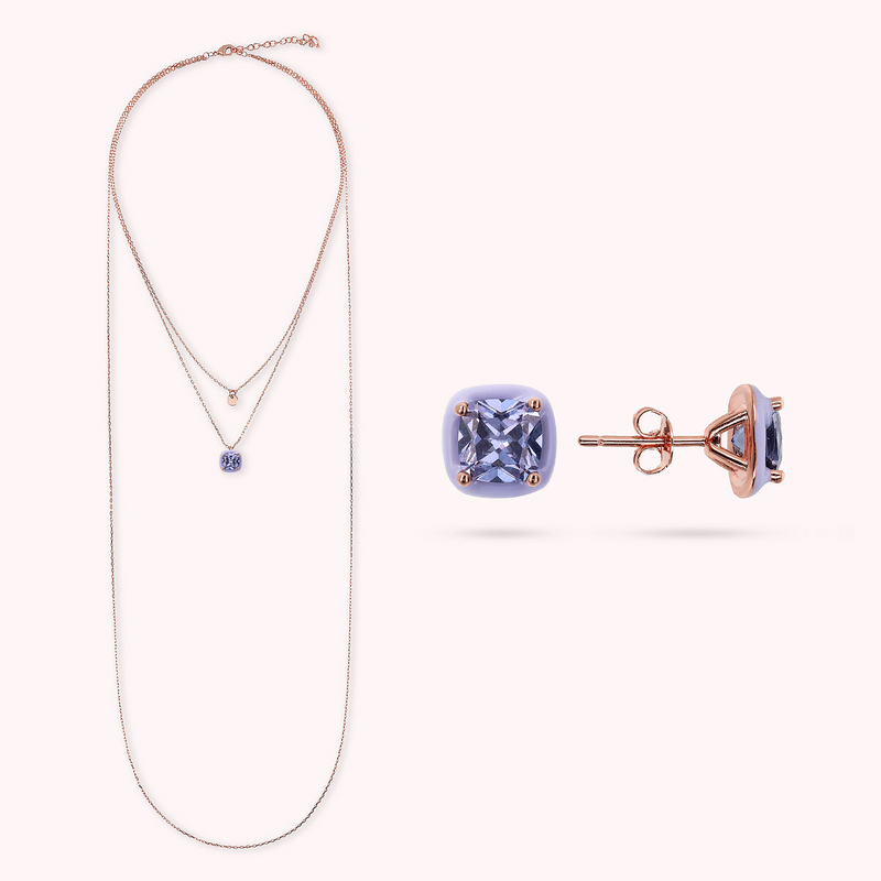 Enamelled Necklace and Earrings Set with Purple Cubic Zirconia