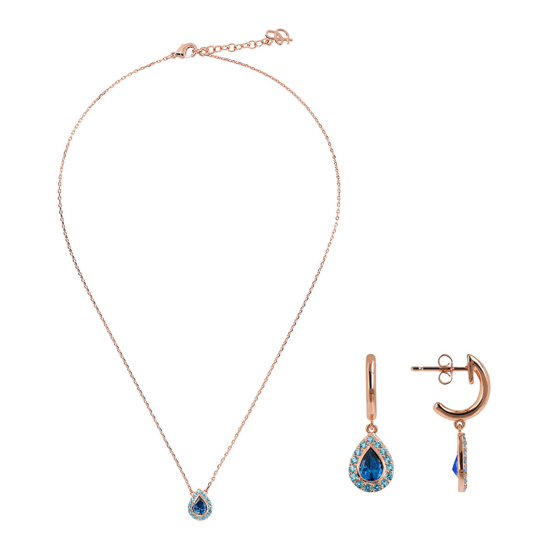 Set Collana e Orecchini Pendenti con Goccia in Cubic Zirconia Blu