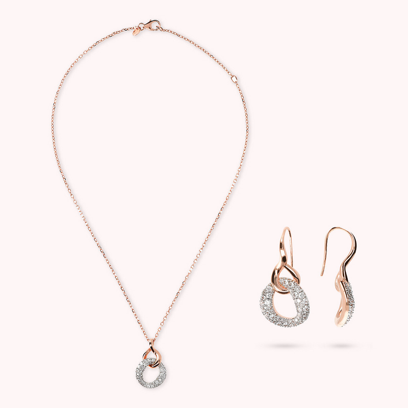 Necklace and Pendant Earrings Set with Cubic Zirconia Pavé Link