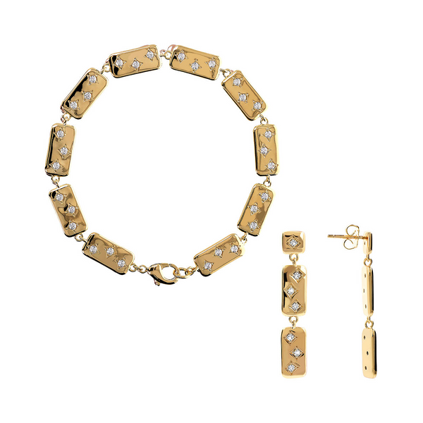 Set Golden Bracciale e Orecchini Pendenti con Elementi Rettangolari e Cubic Zirconia Bianche