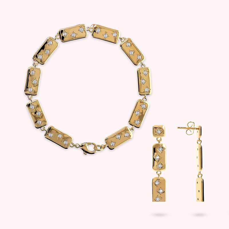 Golden Bracelet and Pendant Earrings Set with Rectangular Elements and White Cubic Zirconia