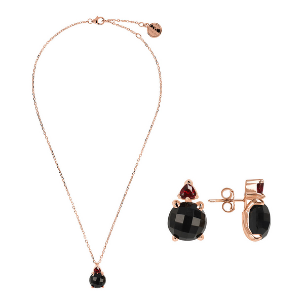 Set Collana e Orecchini con Onice Nero e Cuore in Cubic Zirconia Rosse