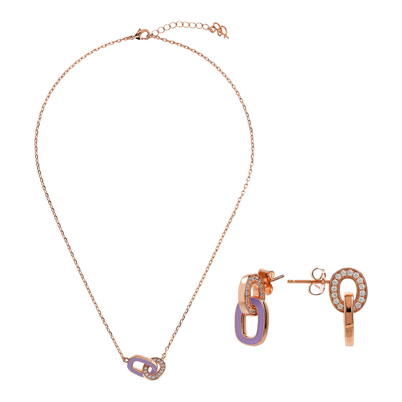 Necklace and Pendant Earrings Set with Double Lilac Enamelled Link and Cubic Zirconia Pavé