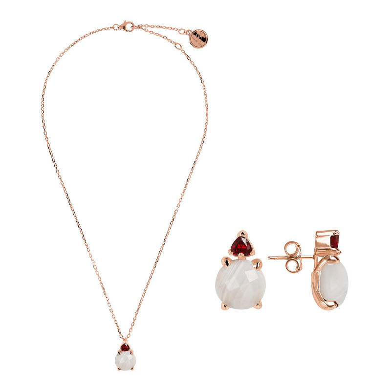 Necklace and Earrings Set with White Agate and Heart in Red Cubic Zirconia