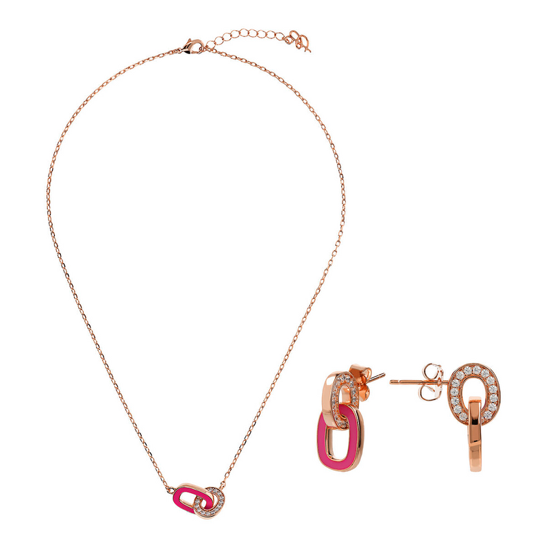 Set Collana e Orecchini Pendenti con Doppia Maglia Smaltata Fucsia e in Pavé di Cubic Zirconia