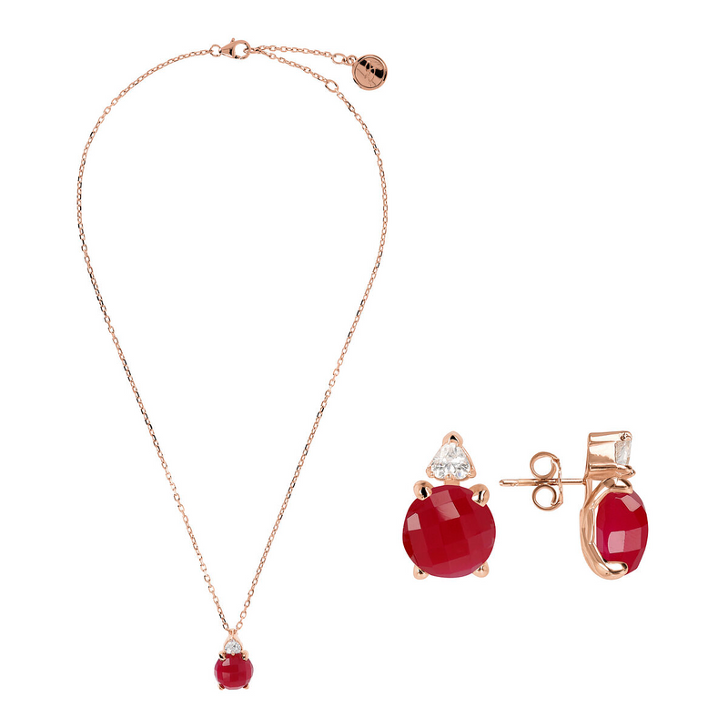 Necklace and Earrings Set with Red Agate and Cubic Zirconia Heart