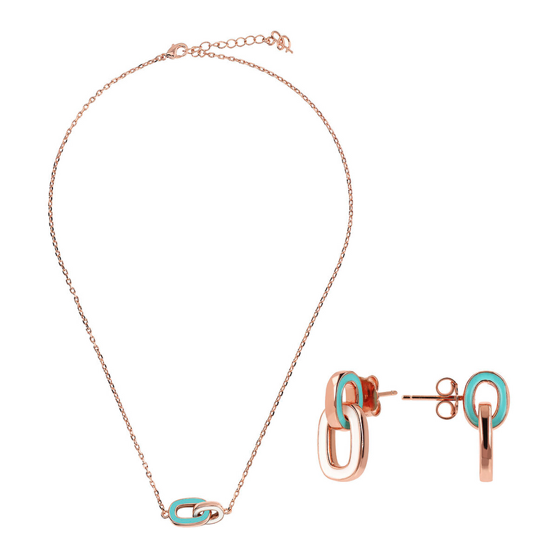 Two-tone Necklace and Earrings Set with Double White and Turquoise Enamelled Link