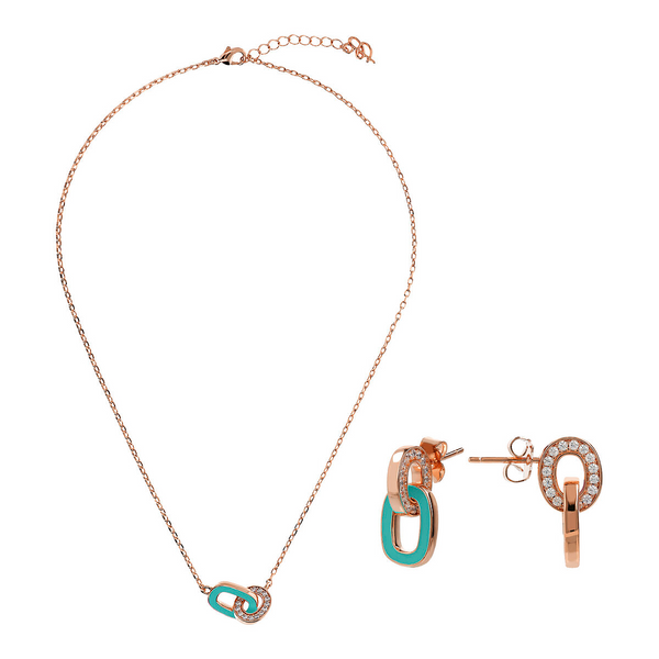 Set Collana e Orecchini Pendenti con Doppia Maglia Smaltata Turchese e in Pavé di Cubic Zirconia