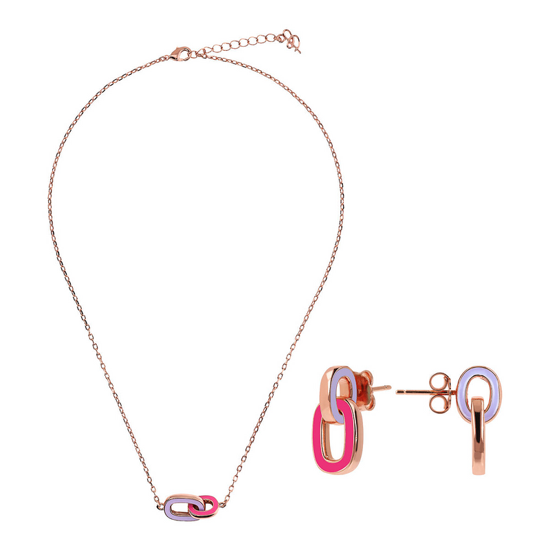 Set Collana e Orecchini Bicolori con Doppia Maglia Smaltata Fucsia e Lilla