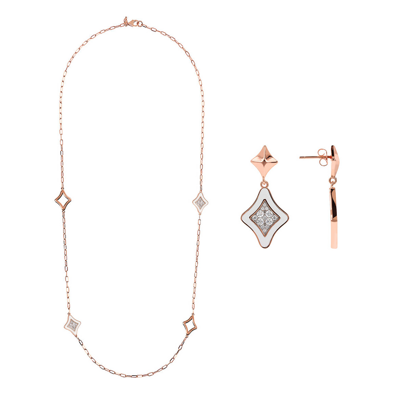 White Enamelled Étoile Long Necklace and Pendant Earrings Set with Cubic Zirconia