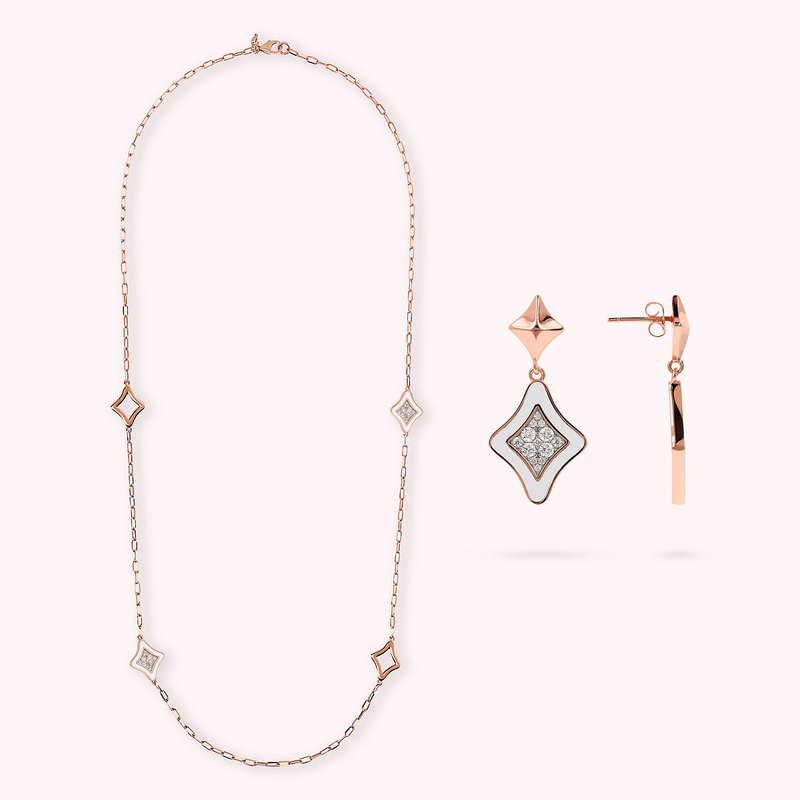 White Enamelled Étoile Long Necklace and Pendant Earrings Set with Cubic Zirconia