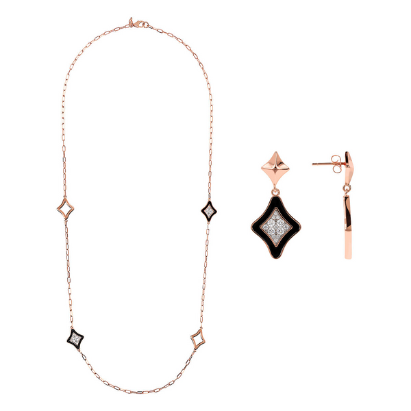 Set Collana Lunga e Orecchini Pendenti Étoile Smaltati Neri con Cubic Zirconia