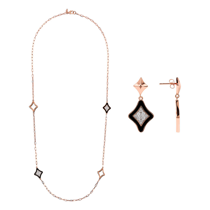 Black Enamelled Étoile Long Necklace and Pendant Earrings Set with Cubic Zirconia