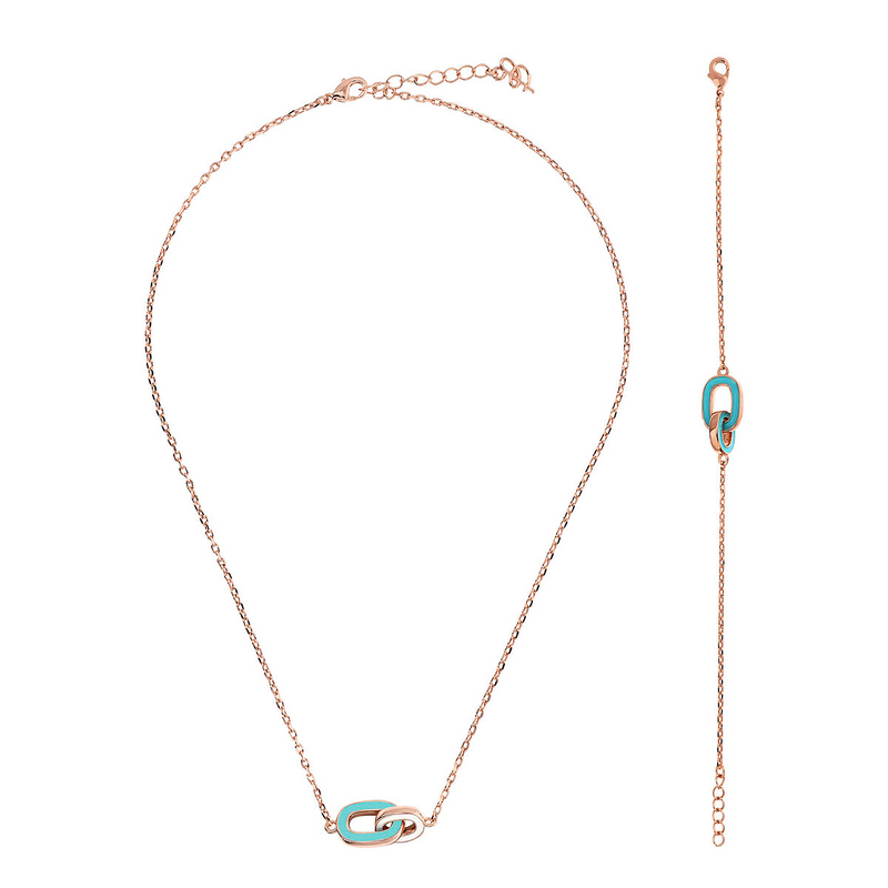 Bicolor Necklace and Bracelet Set with Double White and Turquoise Enamelled Link