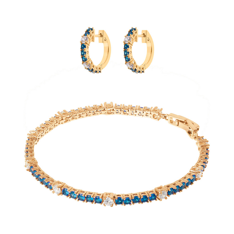 Golden Two-Tone Hoop Earrings and Tennis Bracelet Set with Blue and White Cubic Zirconia