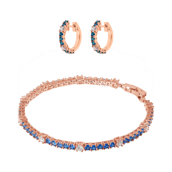 Two-tone Hoop Earrings and Tennis Bracelet Set with Blue and White Cubic Zirconia