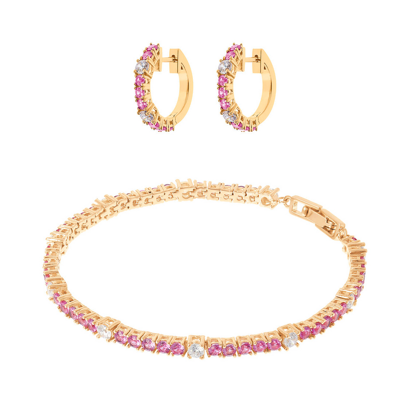 Golden Two-Tone Hoop Earrings and Tennis Bracelet Set with Pink and White Cubic Zirconia