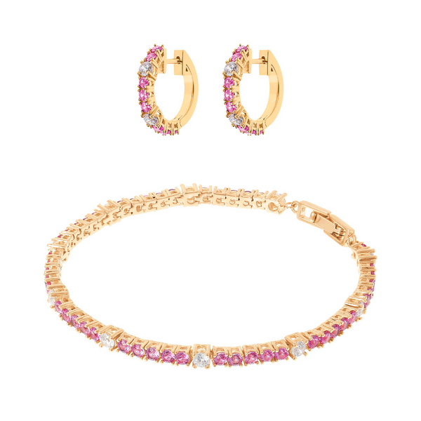 Set Golden Bicolore Orecchini a Cerchio e Bracciale Tennis con Cubic Zirconia Rosa e Bianche