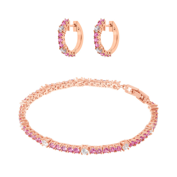 Set Bicolore Orecchini a Cerchio e Bracciale Tennis con Cubic Zirconia Rosa e Bianche