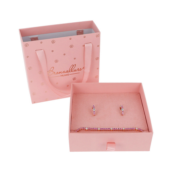 Two-tone Hoop Earrings and Tennis Bracelet Set with Pink and White Cubic Zirconia